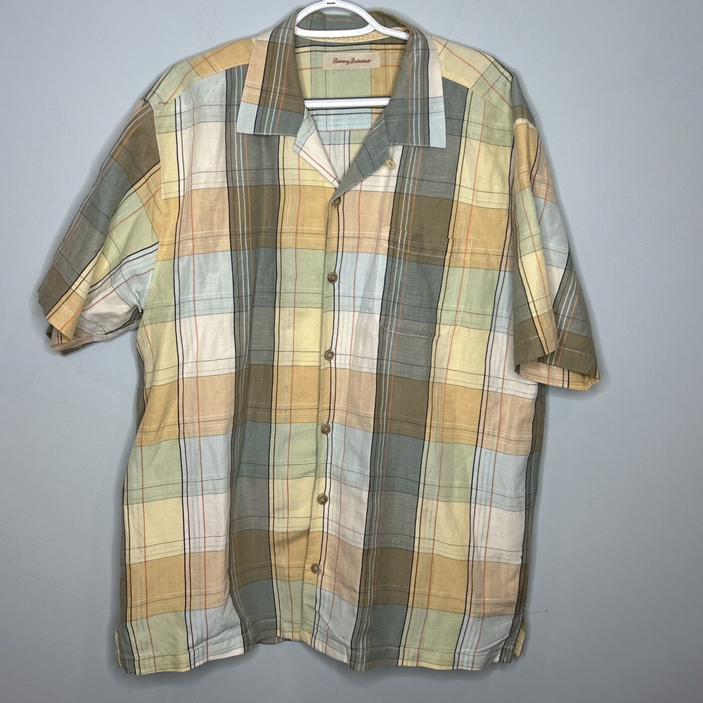 Tommy Bahama Coastal Plaid Camp Shirt Silk Linen Yellow Blue Green XL Relaxed